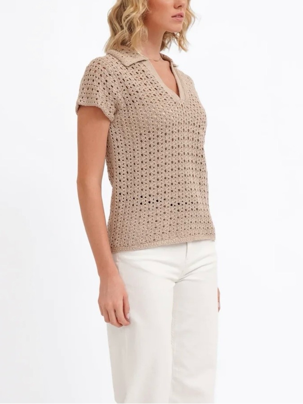 Cyrus Beige Crochet Short-Sleeve Polo Top